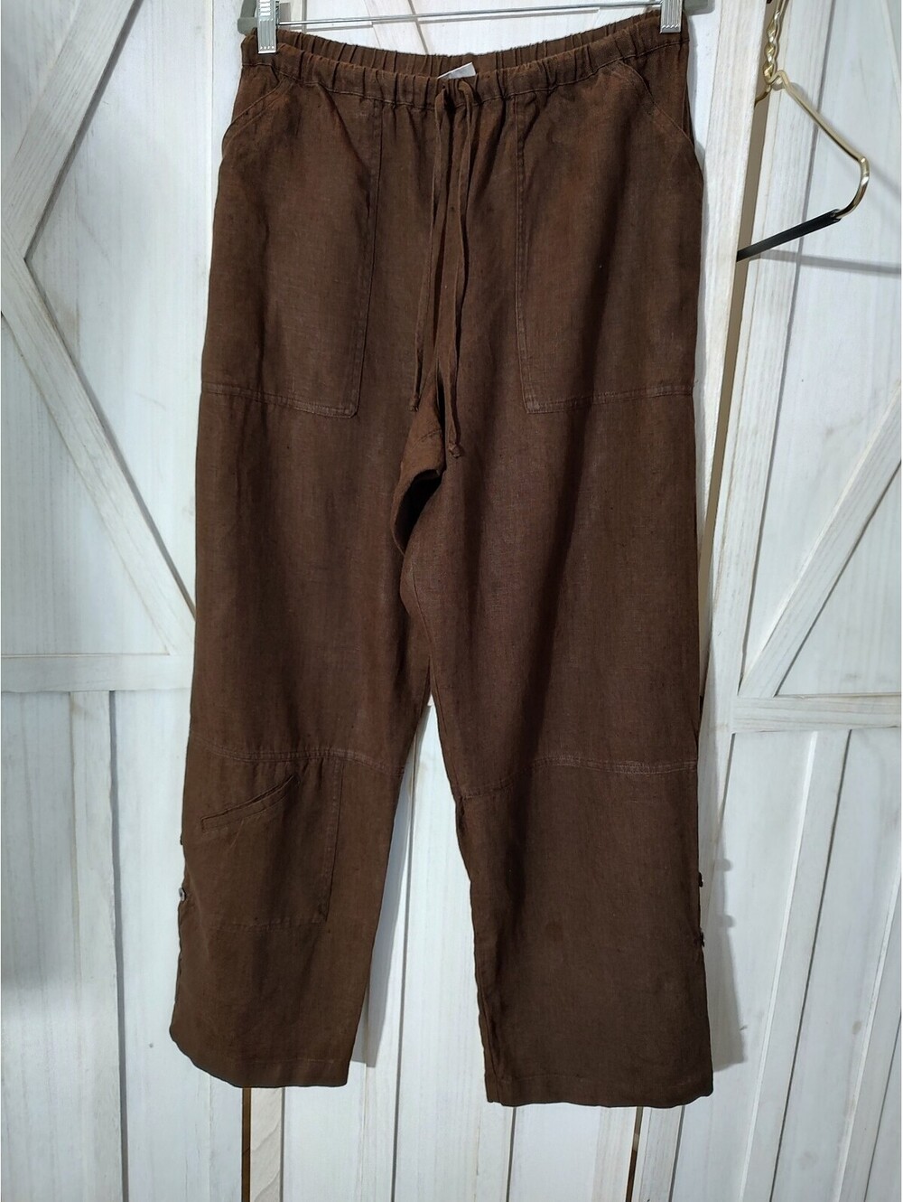Chico's Cargo Brown Linen Elastic Drawstring Roll Tab Hem Pants Size 3 (16/18)